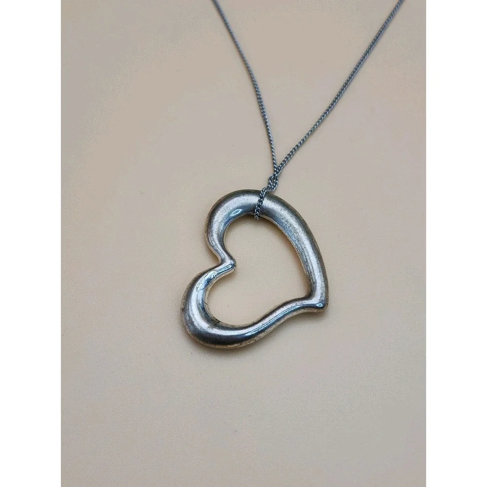 Tilted Heart Signed 925‎ Sterling Silver Plate With CZ Accents Necklace